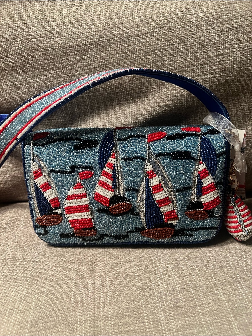 Hand-Beaded Light Blue Sailboat Purse